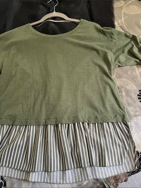 Sanctuary Olive Green Knit Top with Striped Pleated Hem